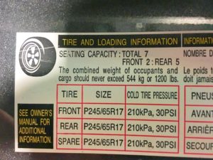 Tire Specs Driver Side Door Panel